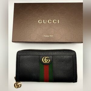 A+ Condition Calfskin Web Ophidia Zip Around Wallet Black + box